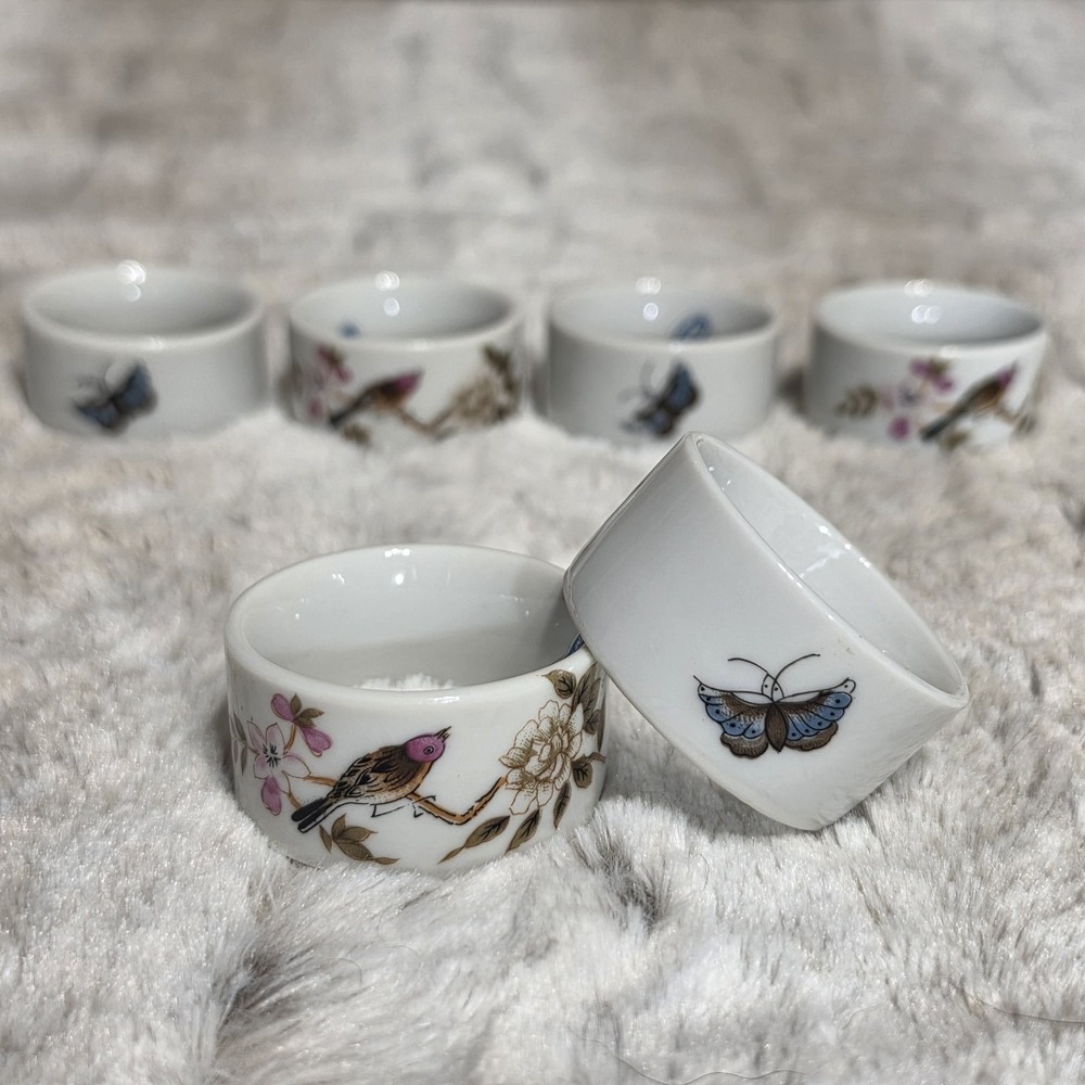 6 Vintage Shafford Chinese Garden Porcelain Napkin Rings Japan Hand-Painted Bird